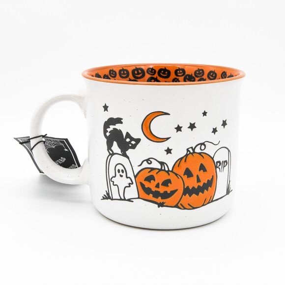 Halloween Pumpkin Mug, 23oz White Ceramic Mug w/ Black Cat Graveyard Design, New - Picture 2 of 10